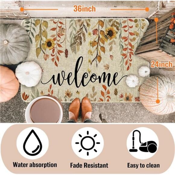 Welcome Fall Doormat Indoor Outdoor Patio Eucalyptus Leaves Sunflowers Door Mats - Picture 5 of 7